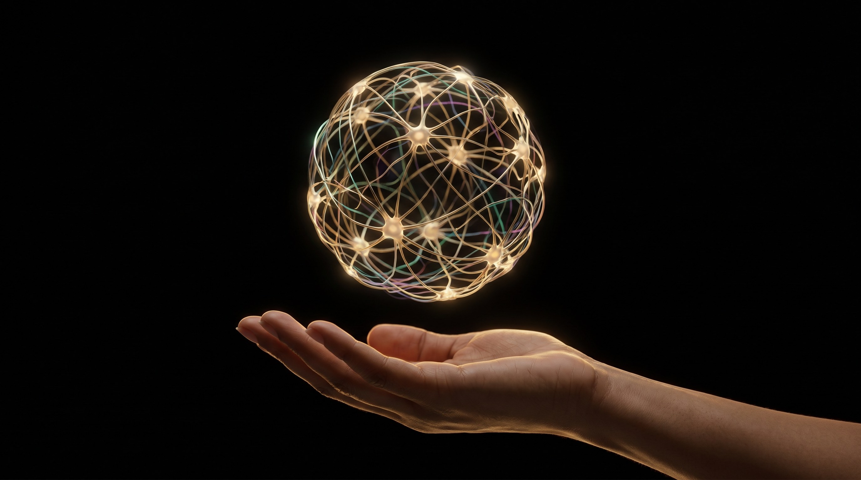 An open hand cradling a glowing golden world made of interconnected minds